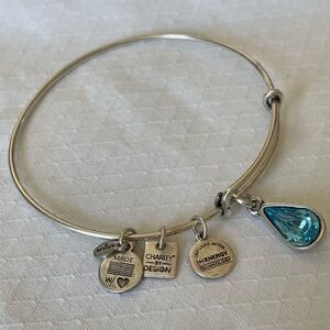 Alex and Ani Silver Bangle Bracelet with Aquamarine Swarovski Crystal Charm. EUC